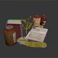Daily Life Items With Books Jars Open Notebook Feather And Small Plant