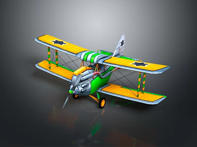 Colorful Vintage Biplane Model With Yellow Wings Green Fuselage And Star Details 3d model