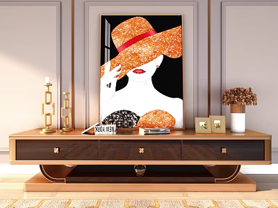 Modern TV Stand Featuring Golden Candle Holders Decorative Painting Books Photo Frames Dried Flower Vase 3d model