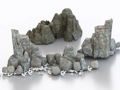 Natural Stone and Wood with Various Shapes Sizes and Scattered Small Pebbles 3d model