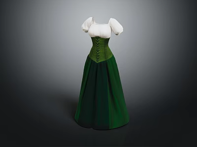 Elegant Green Long Vintage Dress With White Sleeves And Corset Bodice 3d model