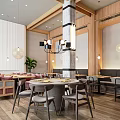 Modern Restaurant Interior Design With Wooden Accents Hanging Lights Round Tables Pink Booths And Plants