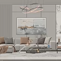Modern Sofa And Coffee Table Set With Decorative Pillows Abstract Wall Art And Pendant Lights