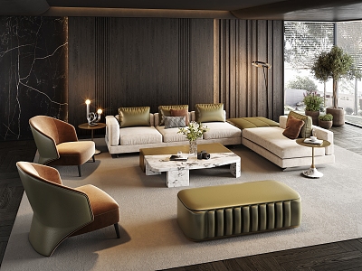 Modern Minotti Living Room Sofa Coffee Table Combination Ornaments Green Plant Potted Plant 3d model