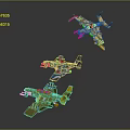 Three Multicolored Toy Airplane Models With Intricate Designs And Mechanical Details