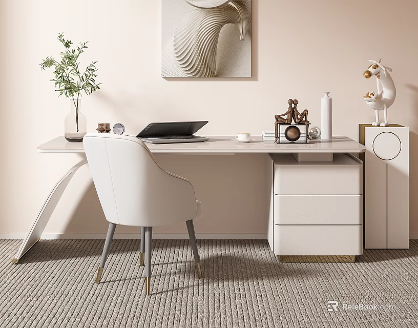 Modern Desk Interior With White Chair Laptop Small Plant Clock And Decorations 3d model 