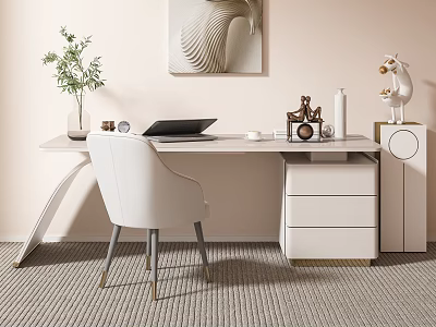 Modern Desk Interior With White Chair Laptop Small Plant Clock And Decorations 3d model