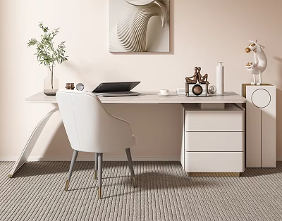 Modern Desk Interior With White Chair Laptop Small Plant Clock And Decorations 3d model