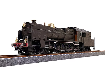 Black Vintage Steam Train Model on Railway Track with Detailed Design 3d model