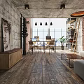 Industrial Office Space With Exposed Brick Wall Wooden Floor Sofa Bookshelf And Pendant Lights