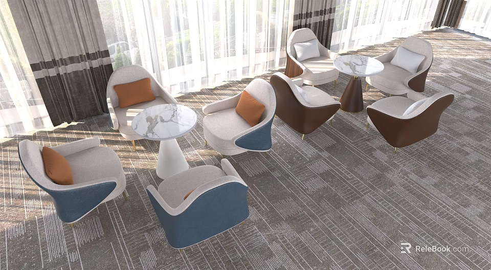 Modern Casual Sofa Set With White Blue Brown Seats Round Tables In Cozy Living Space 3d model 