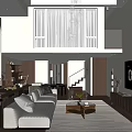 Modern Apartment Interior With Living Room Dining Area Floor to Ceiling Windows City View and Bookshelves