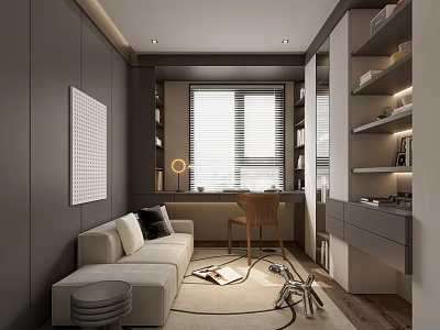 Modern Study Room Interior Design With Bookshelves Sofa Desk Chair Window And Rug 3d model