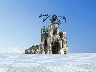 Artistic Garden Landscape With Rock Formation And Sculptural Decorations Against Blue Sky 3d model