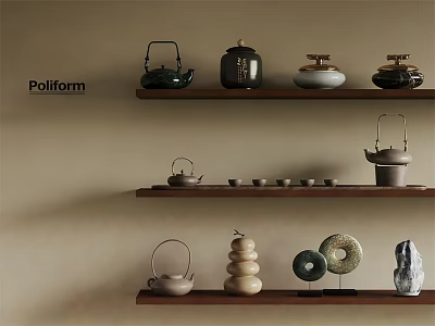 Natural Style Tea Sets Display On Wooden Shelves With Teapots Cups And Ornaments 3d model