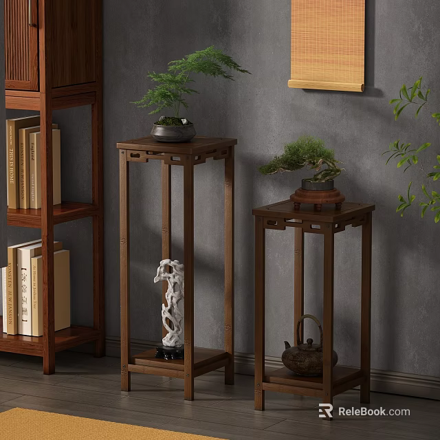 Wooden Flower Stands With Potted Plants And Decorative Items For Indoor Use 3d model 