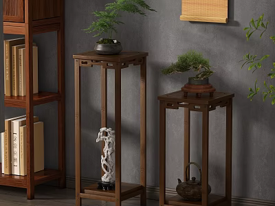 Wooden Flower Stands With Potted Plants And Decorative Items For Indoor Use 3d model