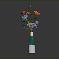 Decorative Green Wine Bottle With Red Poppies And Blue Hydrangeas Arrangement