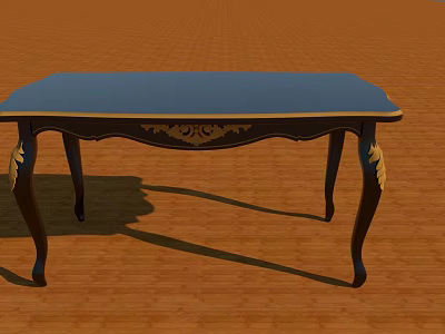 Classic Dark Wooden Desk With Blue Tabletop And Carved Leg Details 3d model
