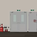 Emergency Exit Doors With Fire Extinguishers And Exit Signs In Safety Facility