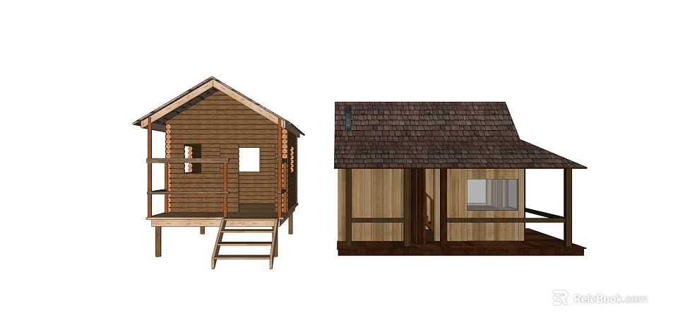 Wooden Cabin Exterior With Sloped Roof Deck Stairs And Wooden Windows 3d model 
