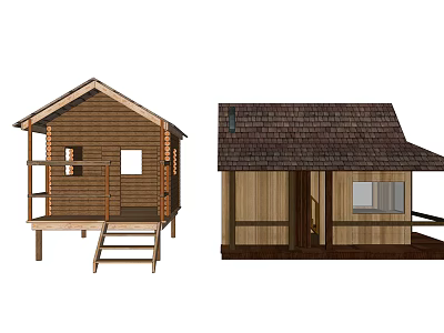 Wooden Cabin Exterior With Sloped Roof Deck Stairs And Wooden Windows 3d model