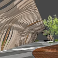 Wooden Pergola With Wavy Striped Design Outdoor Landscaped Path And Trees