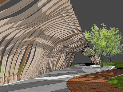 Wooden Pergola With Wavy Striped Design Outdoor Landscaped Path And Trees 3d model