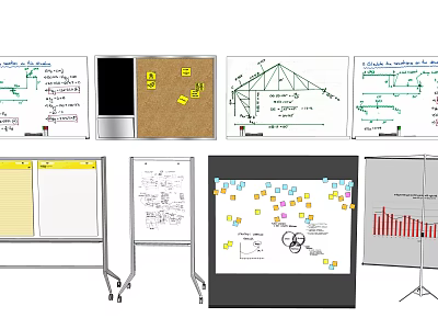 Musical Instruments And Art Supplies Display On Whiteboards With Charts And Sketches 3d model