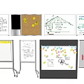 Musical Instruments And Art Supplies Display On Whiteboards With Charts And Sketches