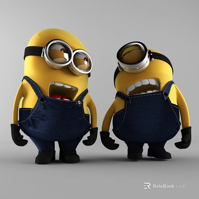 Cute Minion Dolls With Yellow Bodies Black Goggles And Blue Overalls 3d model 