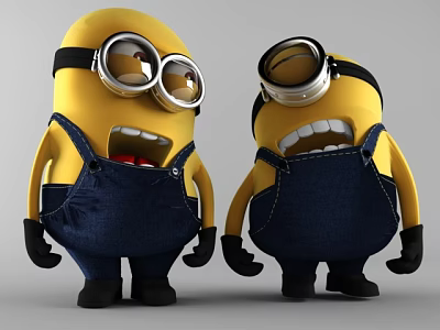 Cute Minion Dolls With Yellow Bodies Black Goggles And Blue Overalls 3d model