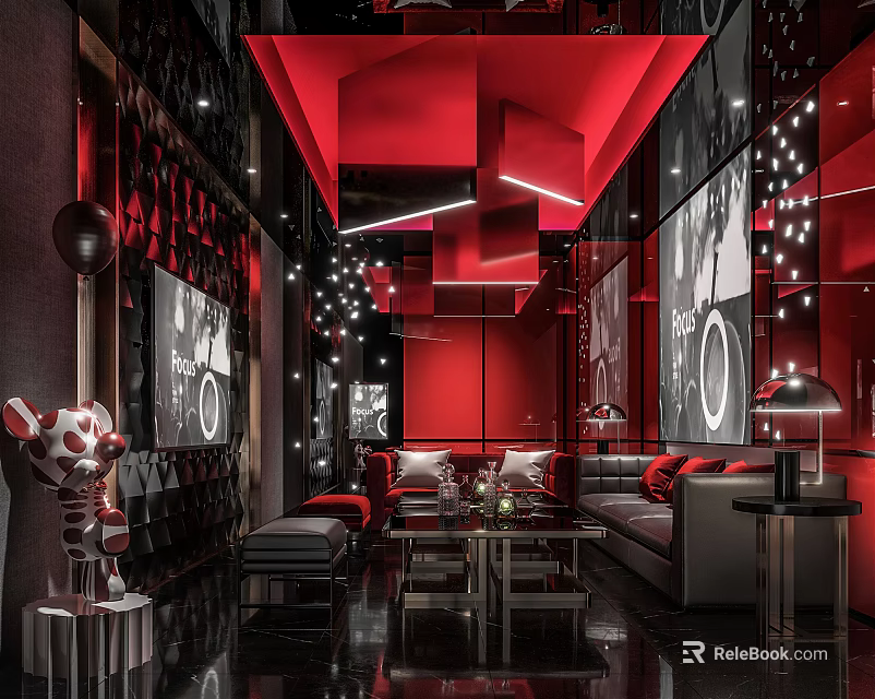 Modern KTV Interior Design With Red Lighting Black Walls And Comfortable Sofas 3d model
