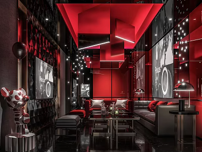 Modern KTV Interior Design With Red Lighting Black Walls And Comfortable Sofas 3d model