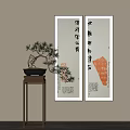 Traditional Chinese Calligraphy Scrolls With Bonsai Pine Tree In Black Pot