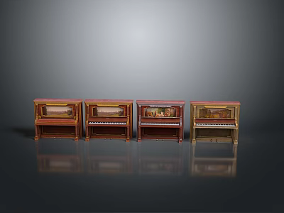 Four Vintage Pianos in Different Colors Arranged Side by Side on Reflective Floor 3d model