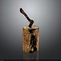 Rustic Wooden Stump With Embedded Axe Showcasing Natural Wood Texture And Craftsmanship