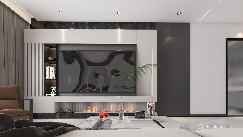 Modern Living and Dining Room Interior Design With TV Wall Fireplace And Decorative Art 3d model 