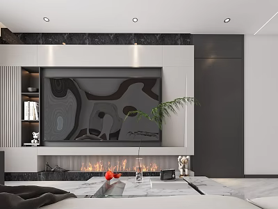 Modern Living and Dining Room Interior Design With TV Wall Fireplace And Decorative Art 3d model