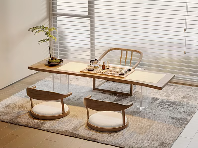 Wooden Tea Table and Chairs with Tea Set Small Plant on Modern Rug near Blinds 3d model