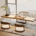 Wooden Tea Table and Chairs with Tea Set Small Plant on Modern Rug near Blinds