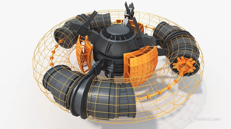 Black And Orange Industrial Art Installation With Circular Frame Wire Mesh Mechanical Parts 3d model 