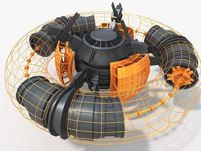 Black And Orange Industrial Art Installation With Circular Frame Wire Mesh Mechanical Parts 3d model
