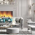 Elegant Living Room Interior With Gray Walls Circular Chandelier Fireplace And Green Cushioned Sofa