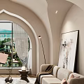 Elegant Living Room Interior With Arched Window Lake View Red Wall And Beige Sofa