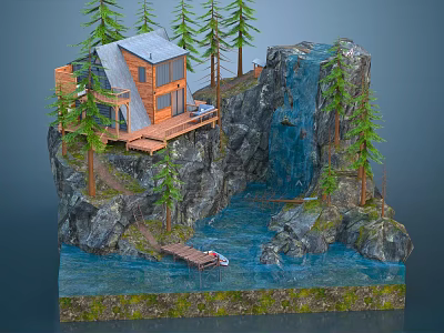 Cartoon Scene of Cliffside Cabin with Waterfall Pine Trees and Lake Boat 3d model