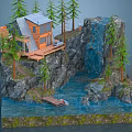 Cartoon Scene of Cliffside Cabin with Waterfall Pine Trees and Lake Boat