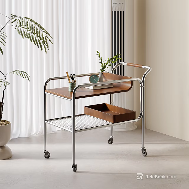 Modern Wheeled Side Table With Metal Frame Wooden Tray And Potted Plant Near White Curtains 3d model 