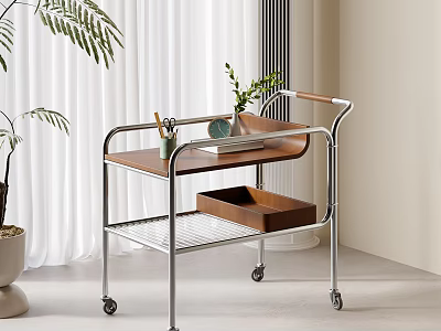 Modern Wheeled Side Table With Metal Frame Wooden Tray And Potted Plant Near White Curtains 3d model