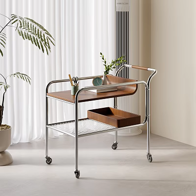 Modern Wheeled Side Table With Metal Frame Wooden Tray And Potted Plant Near White Curtains 3d model